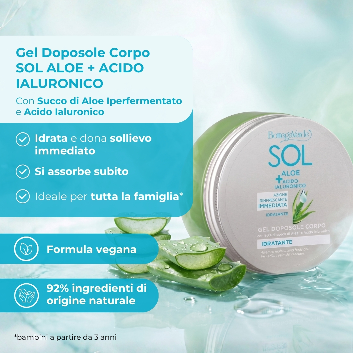 SOL Aloe Acido Ialuronico - Gel doposole corpo - idratante con 90% di succo di Aloe* e Acido Ialuronico - azione rinfrescante immediata