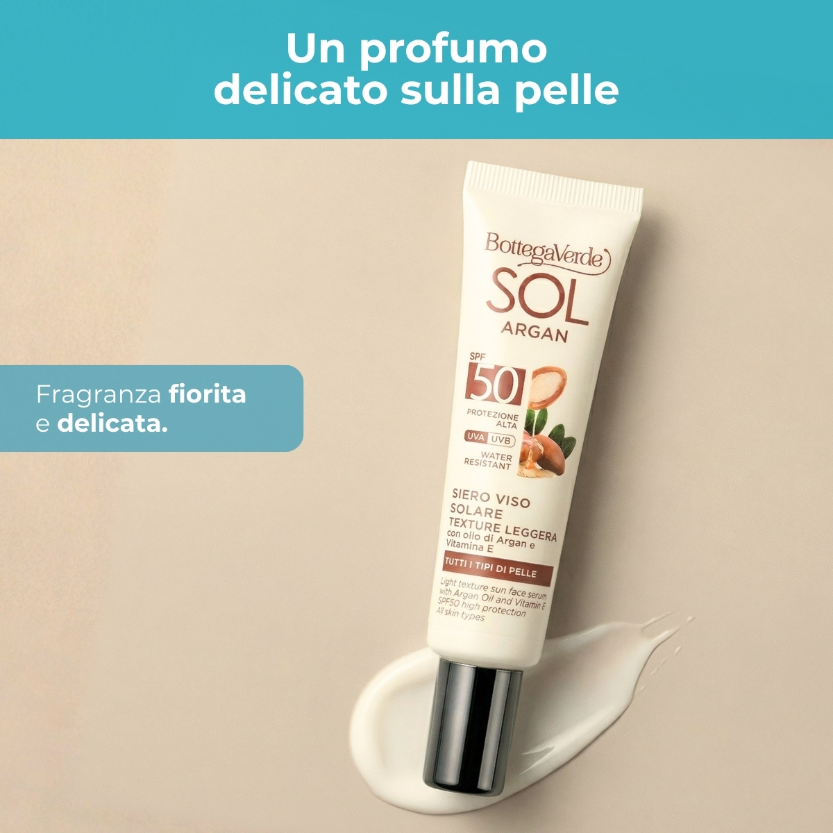 SOL Argan - Siero solare viso - texture leggera - con olio di Argan e Vitamina E - SPF50 protezione alta - water resistant - tutti i tipi di pelle