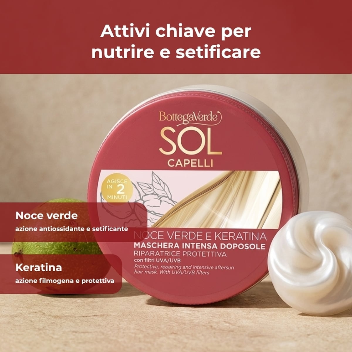 Sol Capelli - Noce verde e Keratina - Maschera intensa doposole - riparatrice protettiva - con olio di Noce verde e Keratina - con filtro UVA/UVB - capelli stressati da sole, mare e cloro