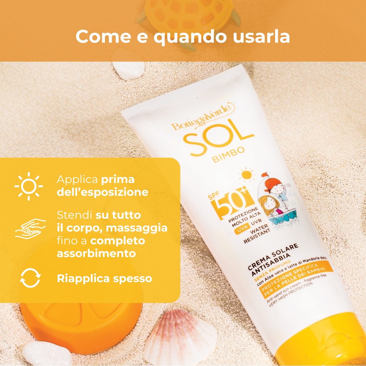 SOL bimbo - Crema solare - antisabbia, resistente all'acqua - senza profumo - con Aloe vera e latte di Mandorle dolci - protezione molto alta SPF50+  - water resistant - protezione specifica per la pelle dei bambini