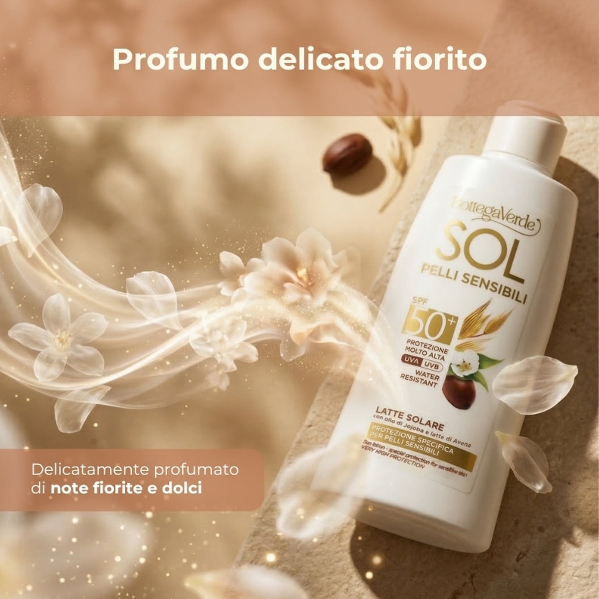SOL pelli sensibili - Latte solare - protezione specifica per pelli sensibili - con olio di Jojoba e latte di Avena - protezione molto alta SPF50+ - water resistant