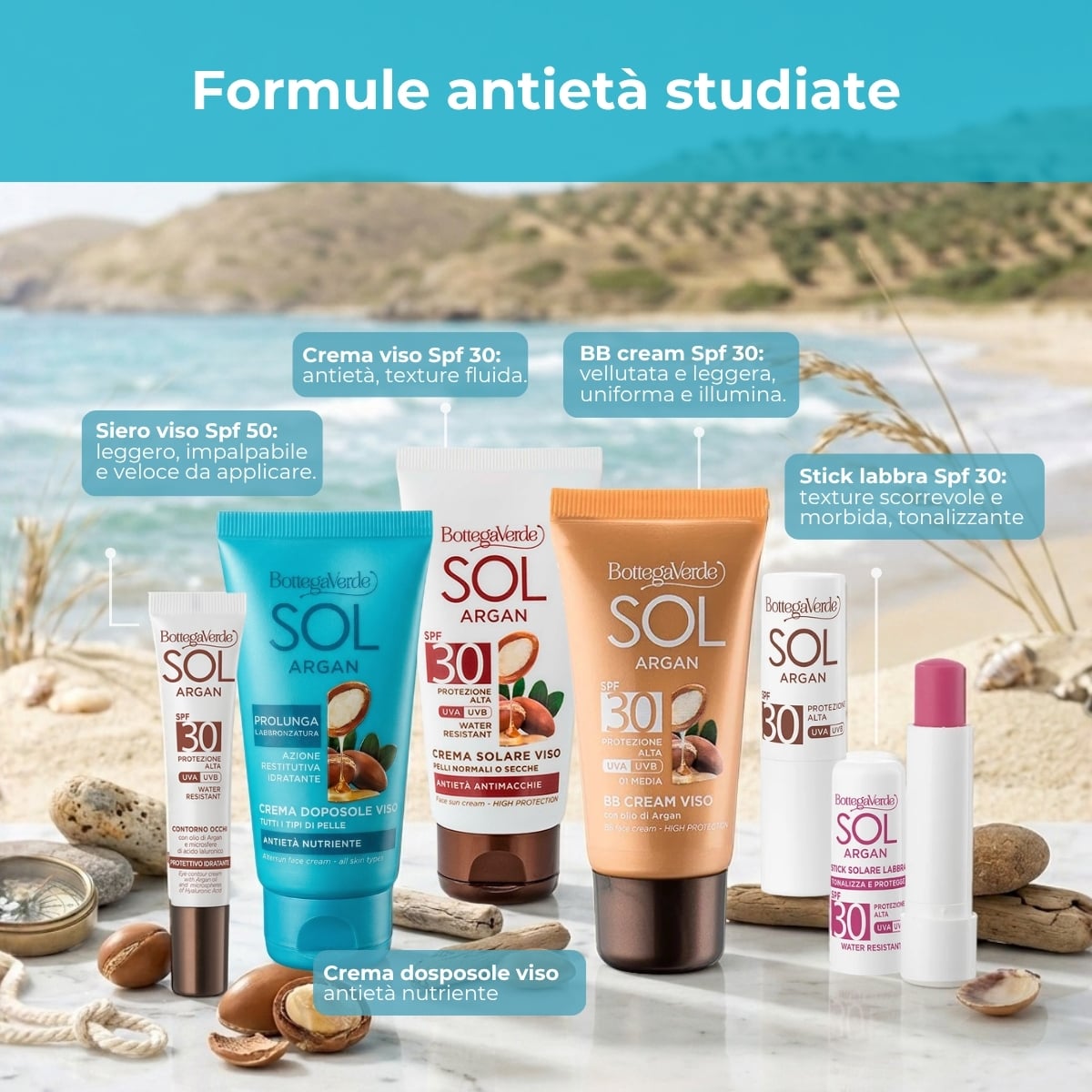 SOL Argan - Siero solare viso - texture leggera - con olio di Argan e Vitamina E - SPF50 protezione alta - water resistant - tutti i tipi di pelle