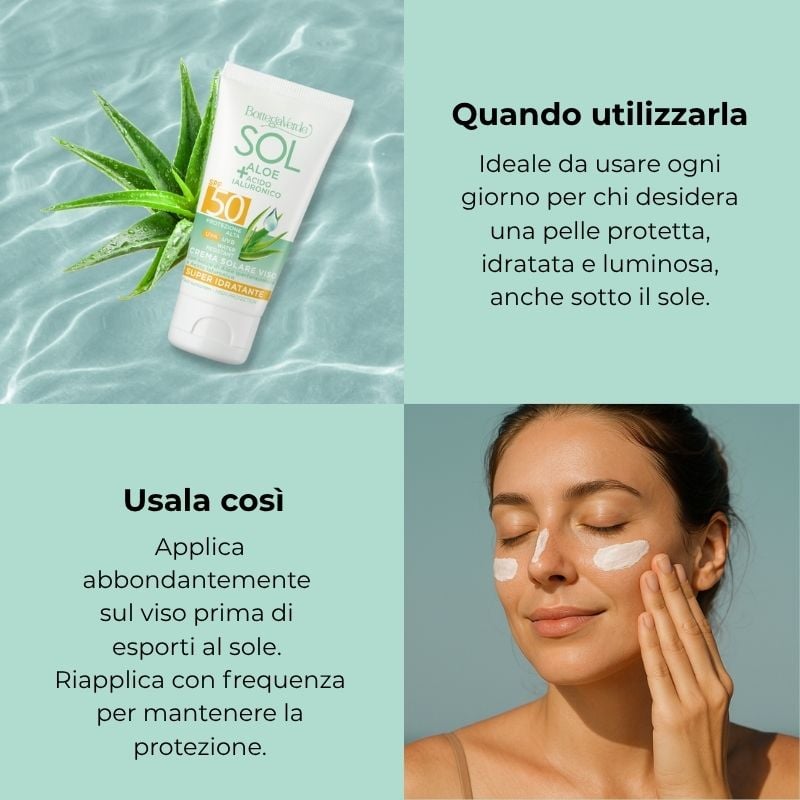 SOL Aloe Acido Ialuronico - Crema solare viso - super idratante - con succo di Aloe iperfermentato e Acido Ialuronico - protezione alta SPF50 - water resistant