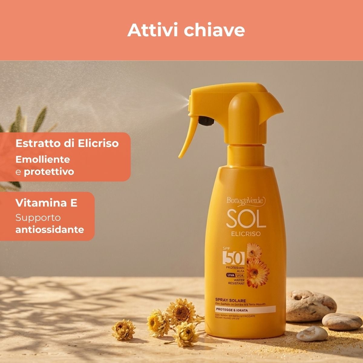 SOL Elicriso - Spray solare - protegge e idrata - con estratto di Elicriso Tenutra Massaini - protezione alta SPF50 - water resistant