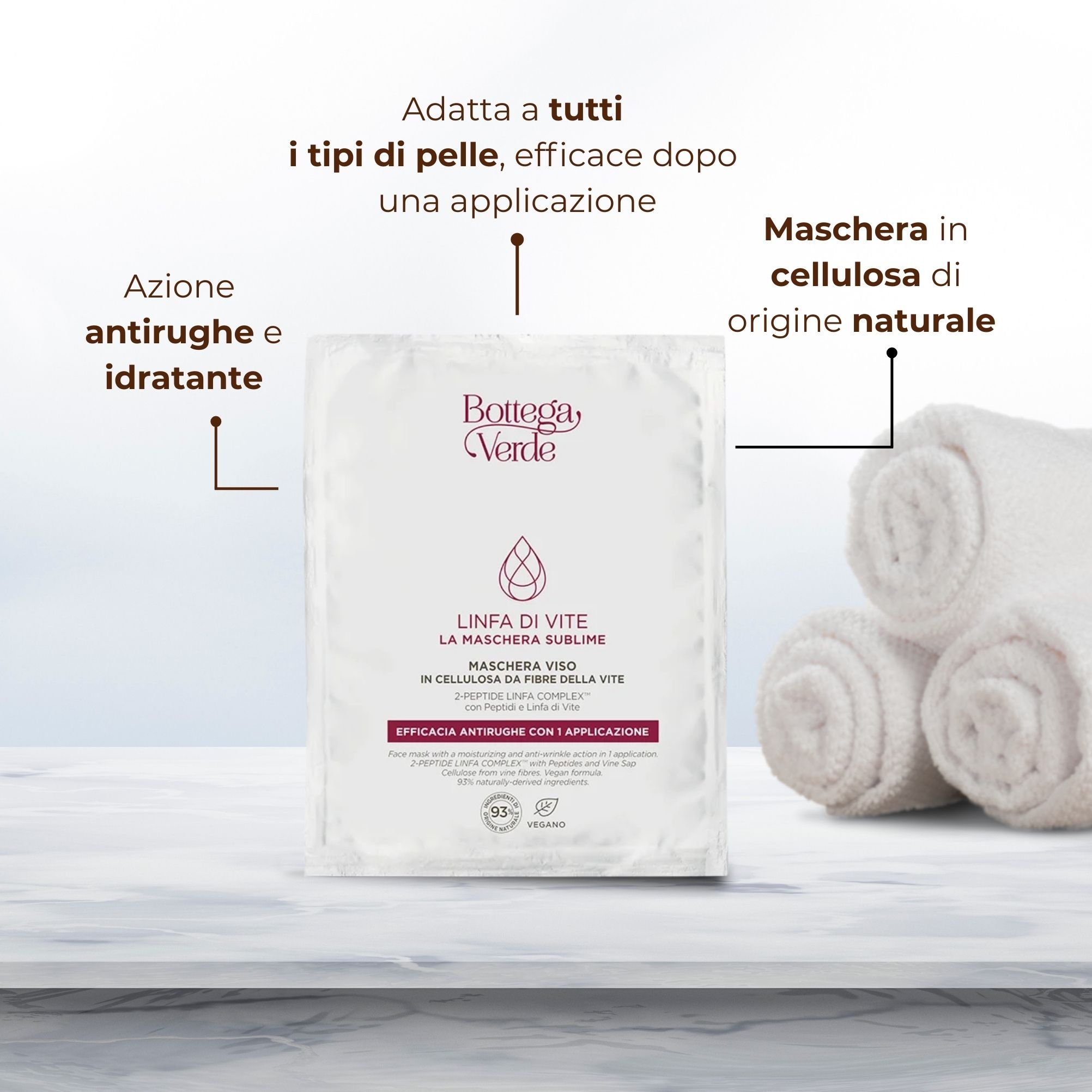 Linfa di Vite - La maschera sublime - Maschera viso in cellulosa da fibre della vite - azione efficacia antirughe con 1 applicazione - 2-PEPTIDE LINFA COMPLEX <TM/> con Peptidi e Linfa di Vite  - tutti i tipi di pelle