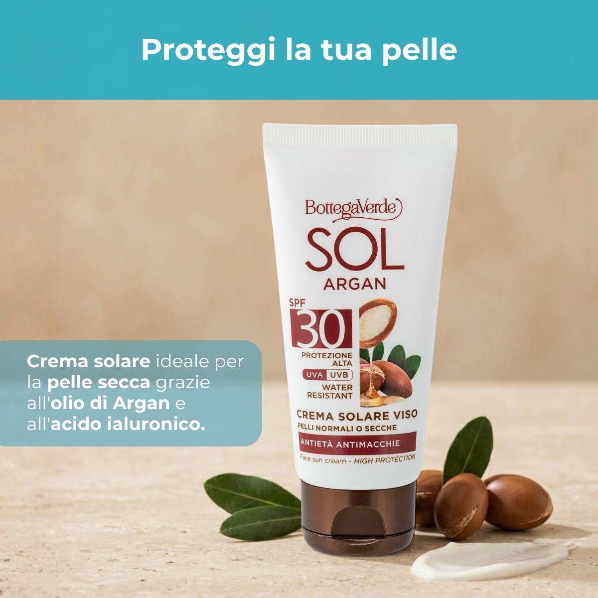 SOL Argan - Crema solare viso - antiet&agrave; antimacchie - con olio di Argan e Vitamina E - SPF30 protezione alta - water resistant - pelli normali o secche