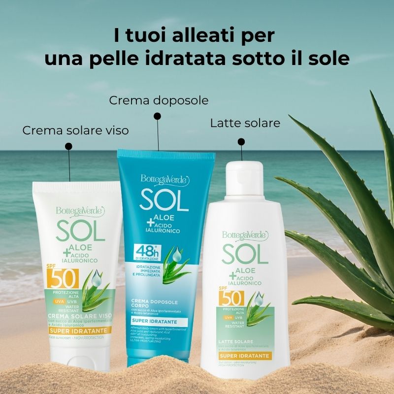 SOL Aloe Acido Ialuronico - Latte solare - super idratante - con succo di Aloe iperfermentato e Acido Ialuronico - protezione alta SPF50 - water resistant