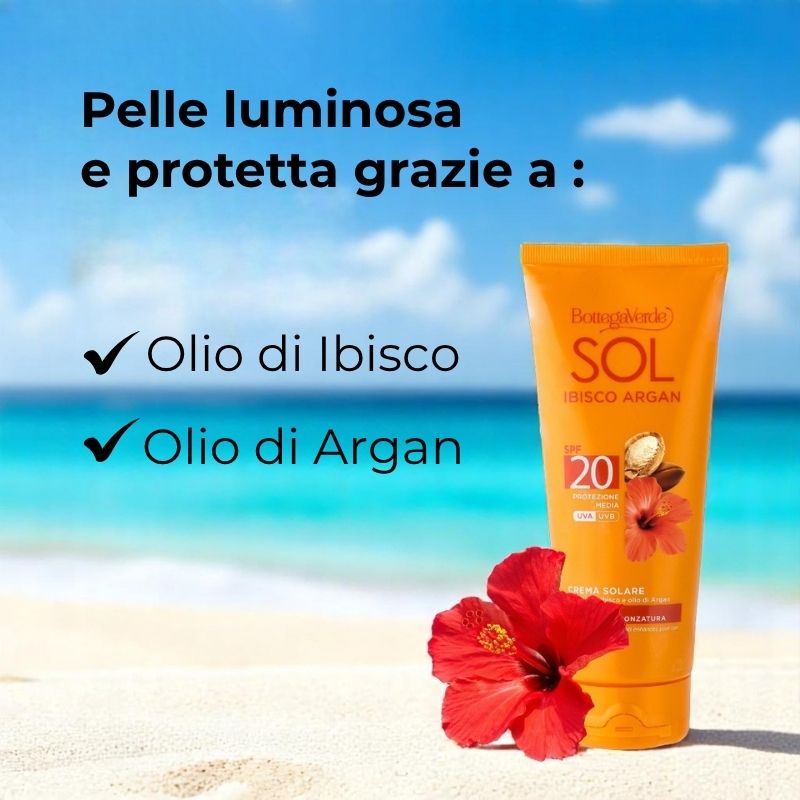 SOL Ibisco Argan - Crema solare - protegge ed esalta l'abbronzatura - con olio di Ibisco e olio di Argan - protezione media SPF20