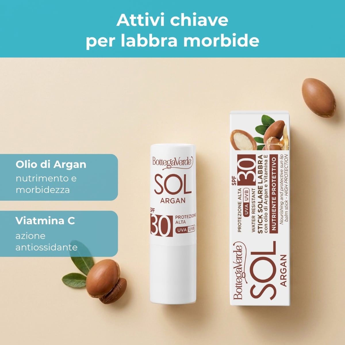 SOL Argan - Stick solare labbra  - nutre e protegge  - con olio di Argan e Vitamina E - protezione alta SPF30 - water resistant