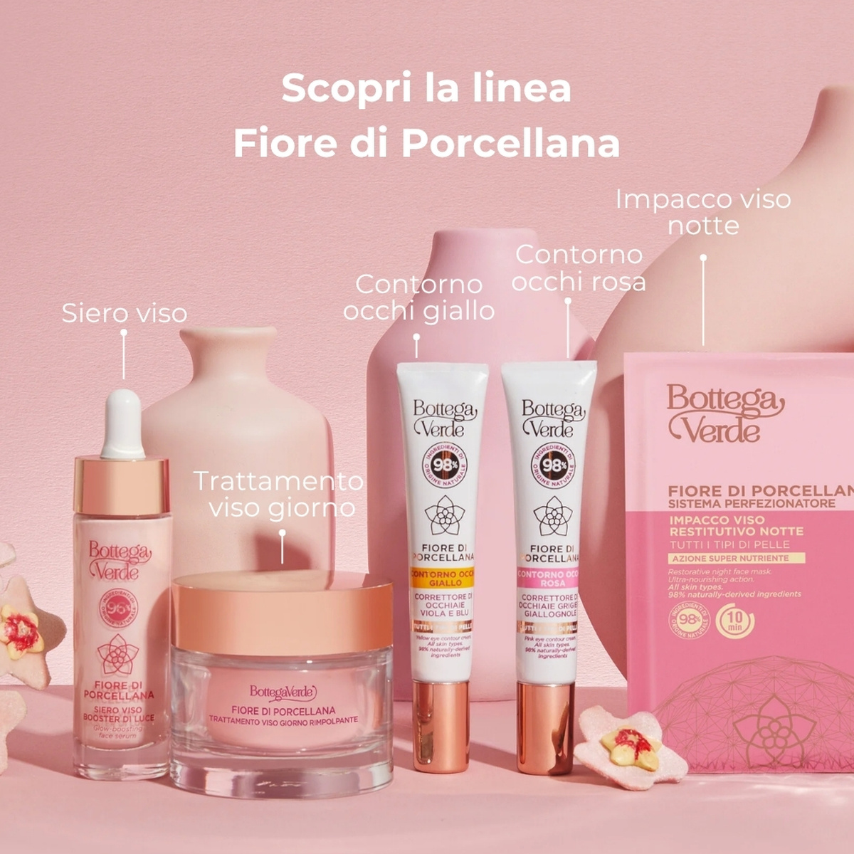 Fiore di Porcellana - Sistema perfezionatore - Trattamento viso giorno - rimpolpante  anti-svuotamento e anti-infragilimento - con pigmenti rosa - con Ceramidi vegetali, Collagene vegetale da Acacia e Fiore di Porcellana - pelli normali o secche