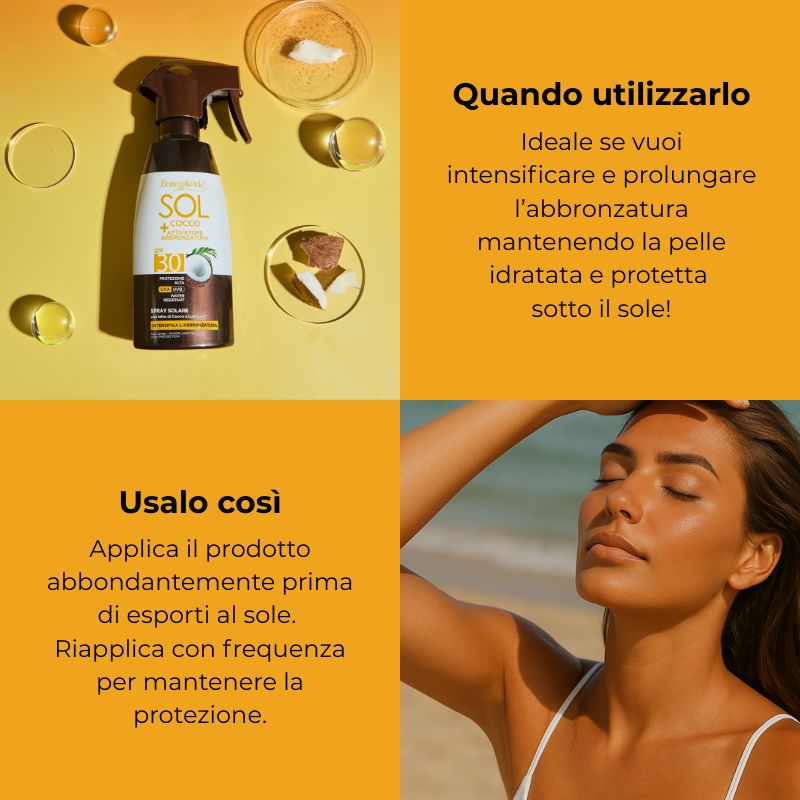 SOL Cocco + Attivatore di abbronzatura - Spray solare - intensifica l'abbronzatura - con latte di Cocco e Lumipod<TM/> - water resistant - protezione alta SPF30