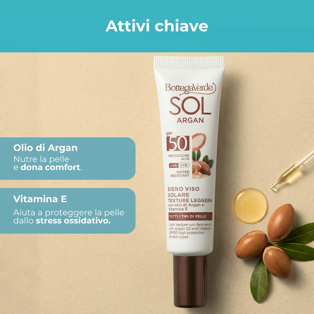 SOL Argan - Siero solare viso - texture leggera - con olio di Argan e Vitamina E - SPF50 protezione alta - water resistant - tutti i tipi di pelle