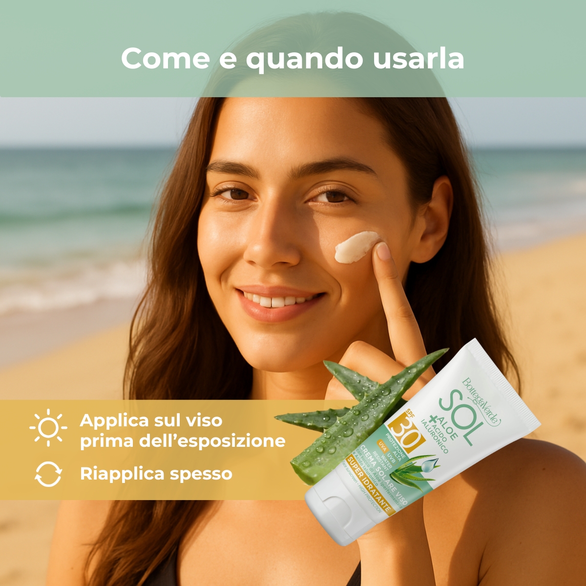 SOL Aloe Acido Ialuronico - Crema solare viso - super idratante - con succo di Aloe iperfermentato e Acido Ialuronico - protezione alta SPF30 - water resistant