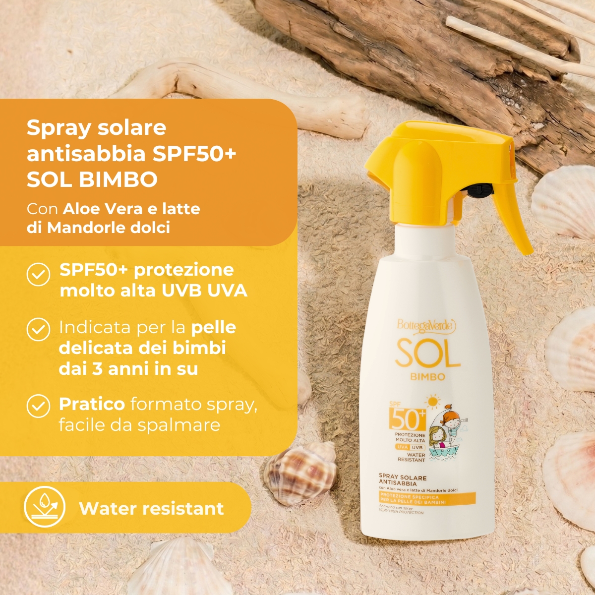 SOL bimbo - Spray solare - antisabbia, resistente all'acqua - con Aloe vera e latte di Mandorle dolci - protezione molto alta SPF50+ (250 ml) - protezione specifica per la pelle dei bambini