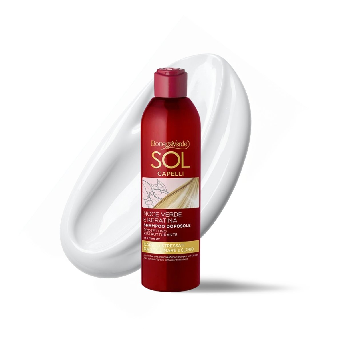 Sol Capelli - Noce verde e Keratina - Shampoo doposole - protettivo ristrutturante - con olio di Noce verde e Keratina - con filtro UV - capelli stressati da sole, mare e cloro