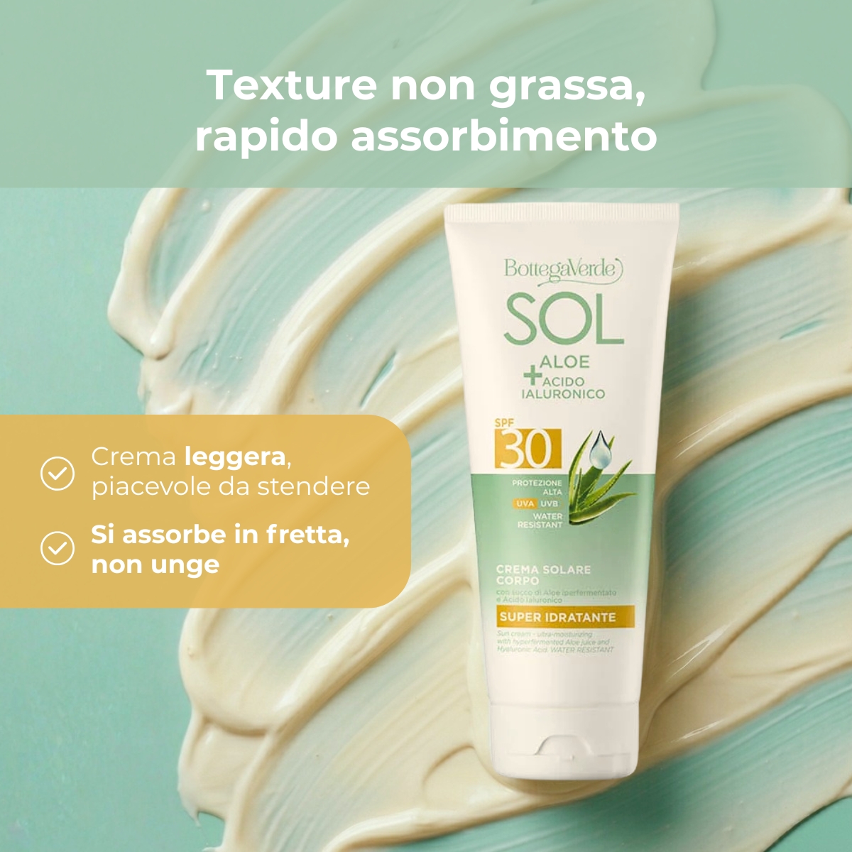 SOL Aloe Acido Ialuronico - Crema solare - super idratante - con succo di Aloe iperfermentato e Acido Ialuronico - protezione alta SPF30 - water resistant