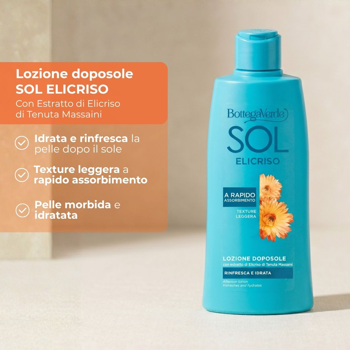 SOL Elicriso - Lozione doposole - rinfresca e idrata - con estratto di Elicriso di Tenuta Massaini - texture leggera - a rapido assorbimento - rinfresca e idrata