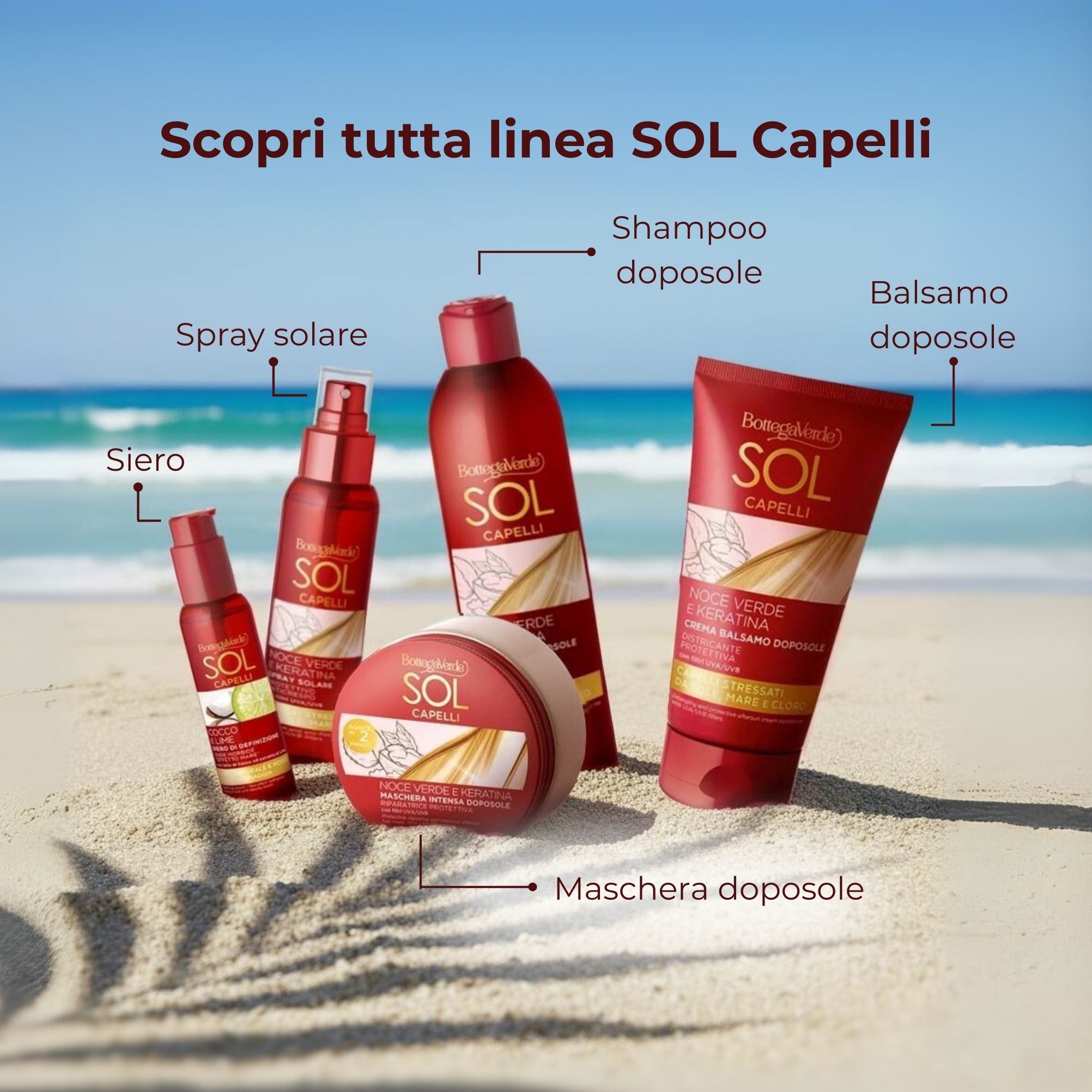 Sol Capelli - Noce verde e Keratina - Spray solare - protettivo anti-crespo - con olio di Noce verde e Keratina - con filtro UVA/UVB - capelli stressati da sole, mare e cloro