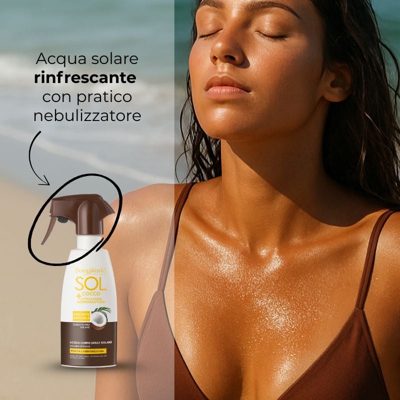 SOL Cocco + Attivatore di abbronzatura - Acqua corpo spray solare - esalta l'abbronzatura - idratante anti-sale - con Latte di Cocco - senza filtro solare