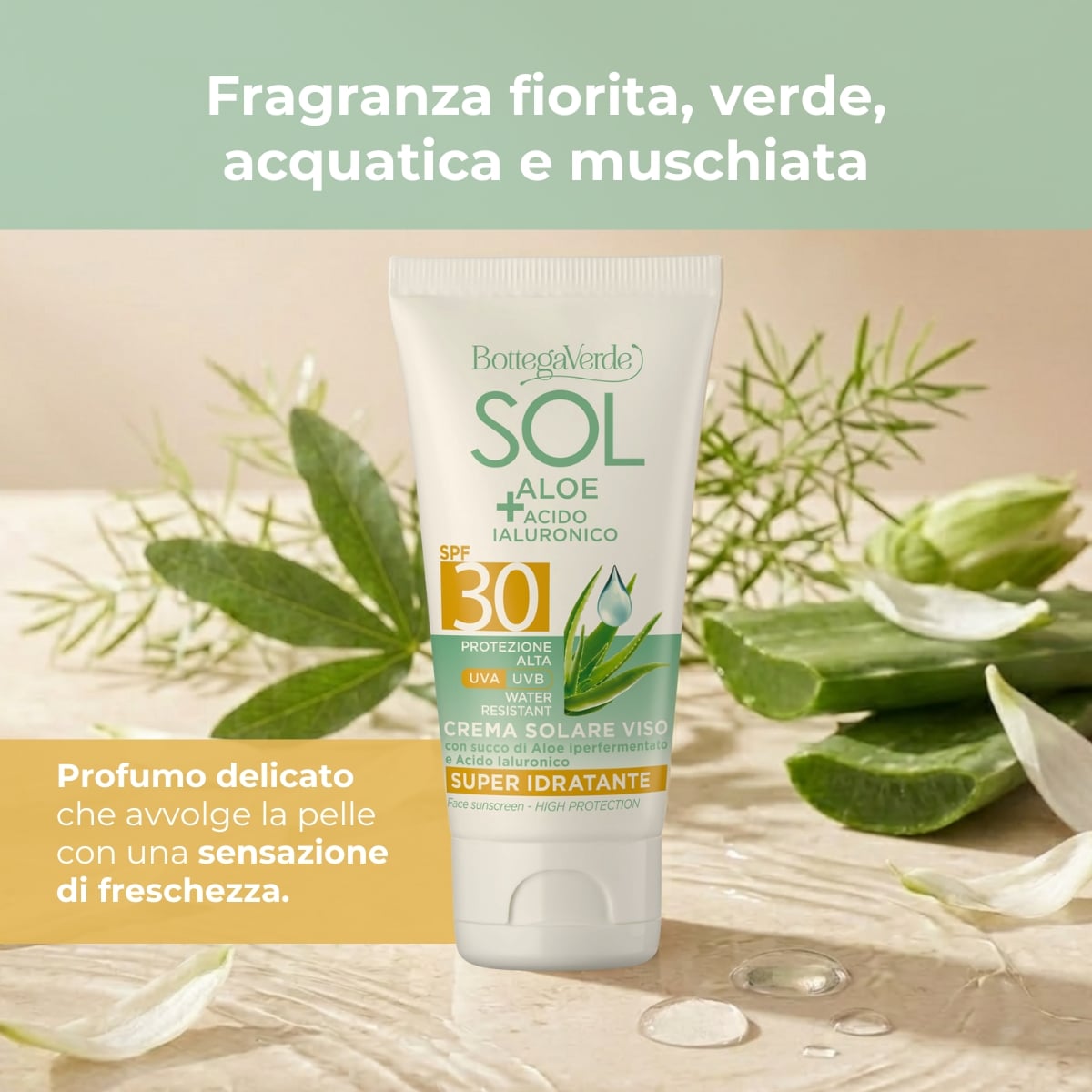 SOL Aloe Acido Ialuronico - Crema solare viso - super idratante - con succo di Aloe iperfermentato e Acido Ialuronico - protezione alta SPF30 - water resistant