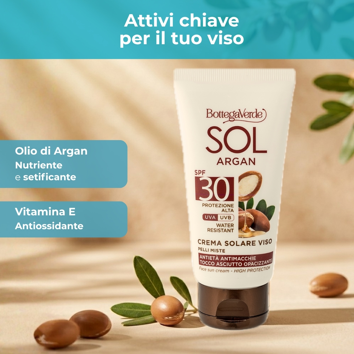 SOL Argan - Crema solare viso - antiet&agrave; antimacchie '' tocco asciutto opacizzante - con olio di Argan e Vitamina E - SPF30 protezione alta - water resistant - pelli miste
