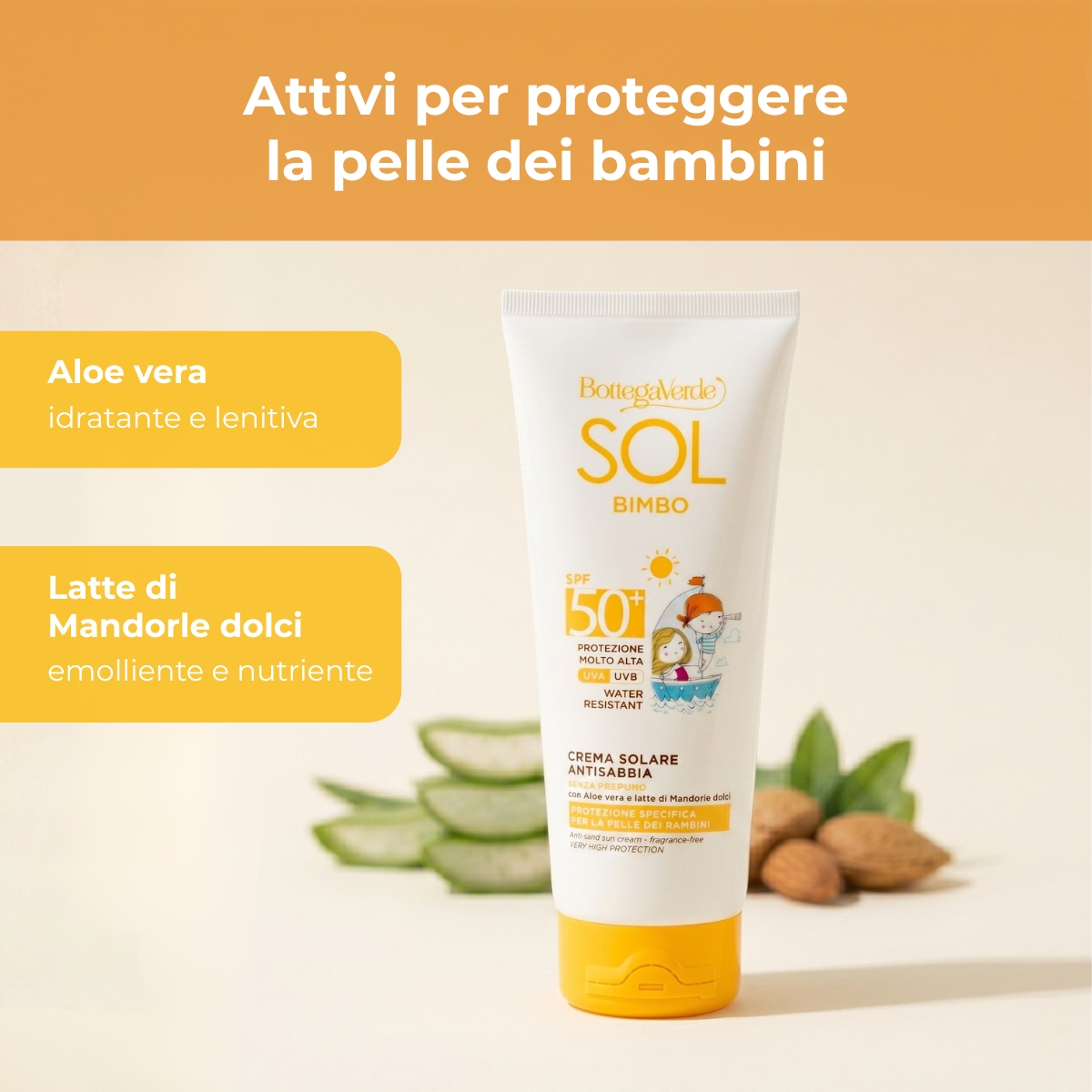 SOL bimbo - Crema solare - antisabbia, resistente all'acqua - senza profumo - con Aloe vera e latte di Mandorle dolci - protezione molto alta SPF50+  - water resistant - protezione specifica per la pelle dei bambini