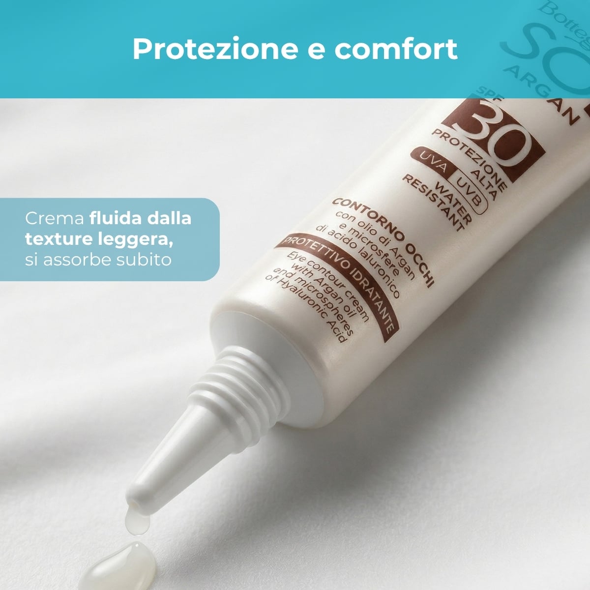 SOL Argan - Contorno occhi - protettivo idratante - con olio di Argan e microsfere di acido Ialuronico - SPF30 protezione alta - water resistant