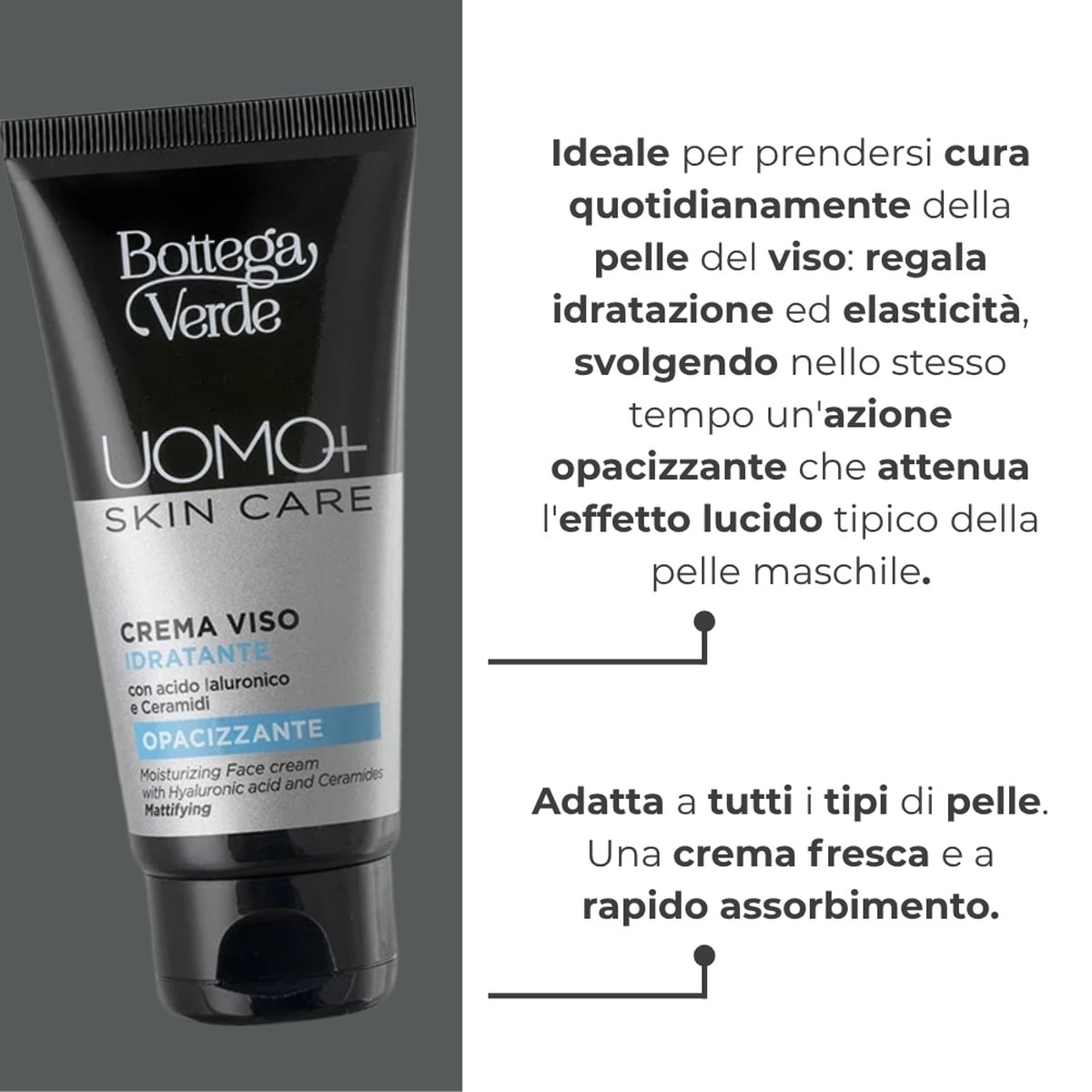 UOMO+ skincare - Crema viso - idratante opacizzante - con acido Ialuronico e Ceramidi