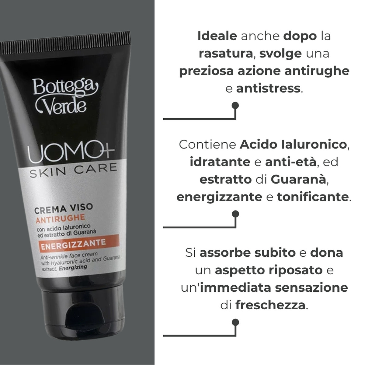 UOMO+ skincare - Crema viso - antirughe energizzante - con acido Ialuronico ed estratto di Guaran&agrave;