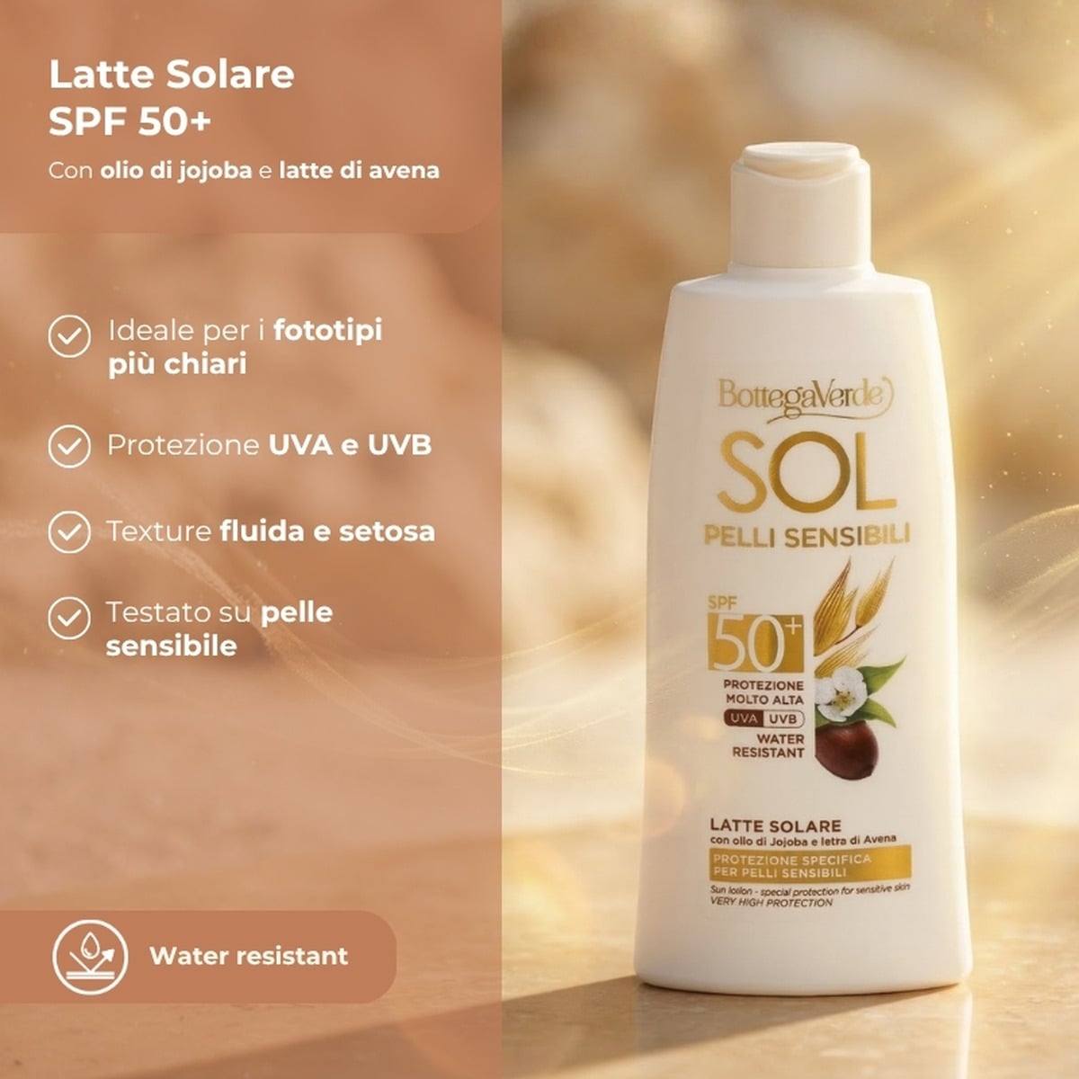 SOL pelli sensibili - Latte solare - protezione specifica per pelli sensibili - con olio di Jojoba e latte di Avena - protezione molto alta SPF50+ - water resistant