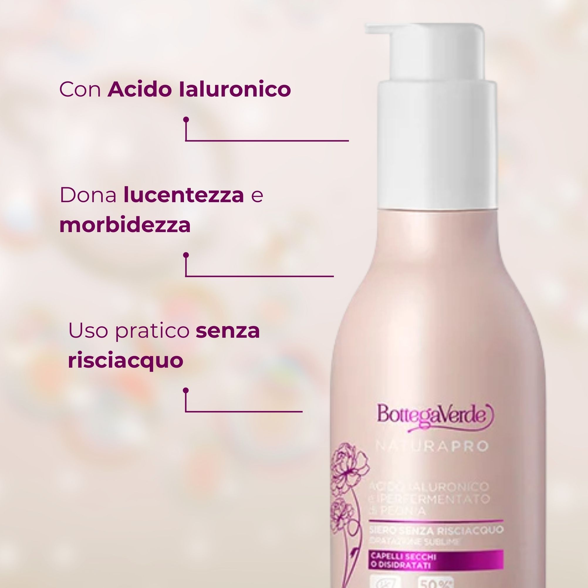 Acido Ialuronico e Iperfermentato di Peonia - Siero senza risciacquo - idratazione sublime - capelli secchi o disidratati