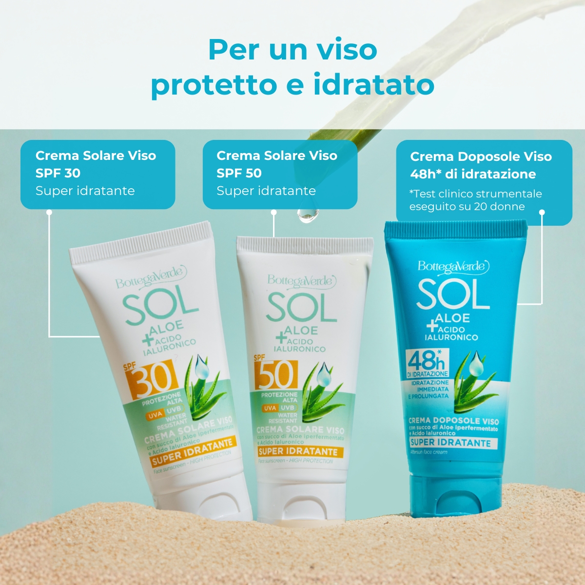 SOL Aloe Acido Ialuronico - Crema doposole viso - super idratante - con succo di Aloe iperfermentato e Acido Ialuronico - 48h* di idratazione - idratazione immediata e prolungata