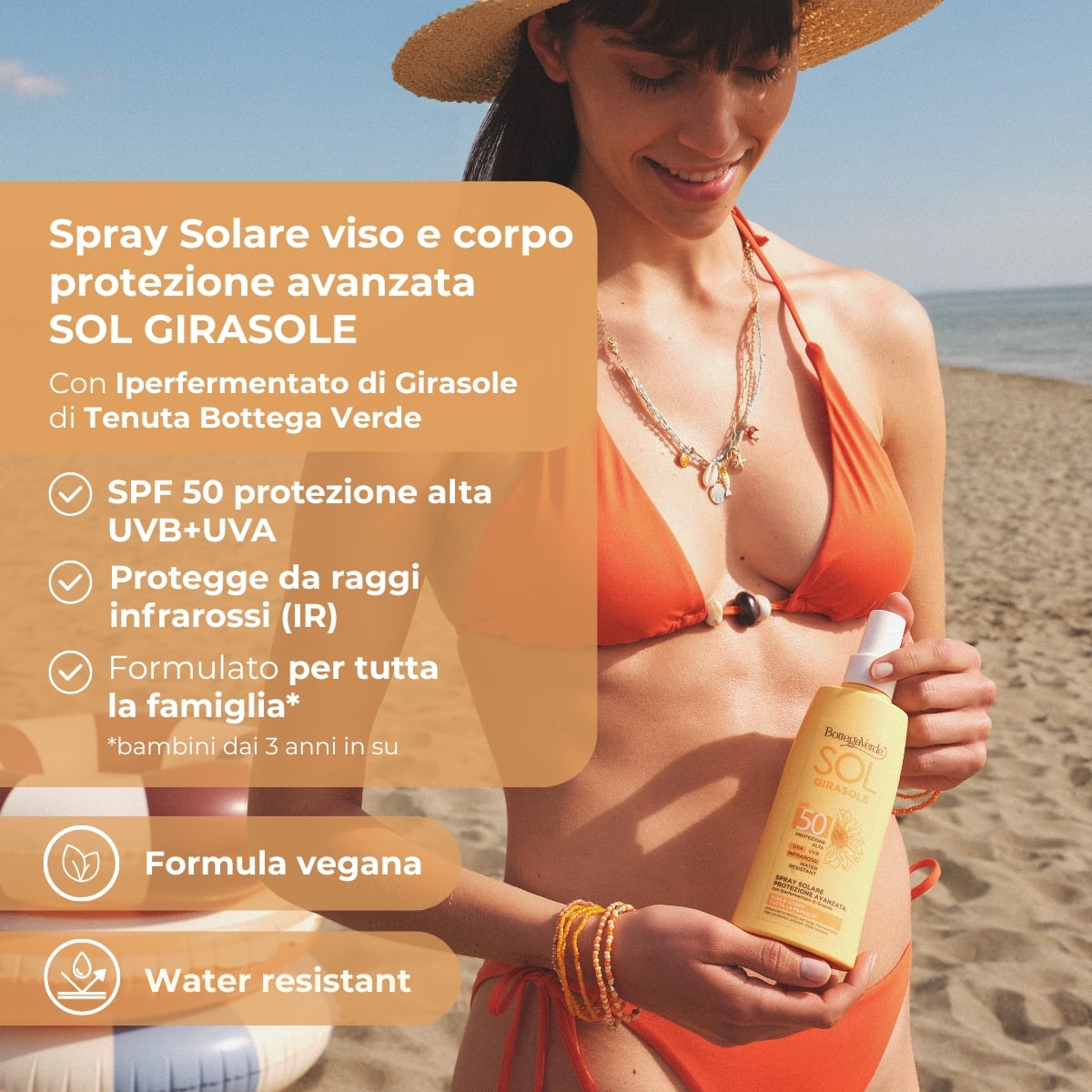 SOL Girasole - Spray solare protezione avanzata - viso e corpo - con iperfermentato di Girasole di Tenuta Bottega Verde - PROTEZIONE  ALTA SPF50 - INFRAROSSI - WATER RESISTANT