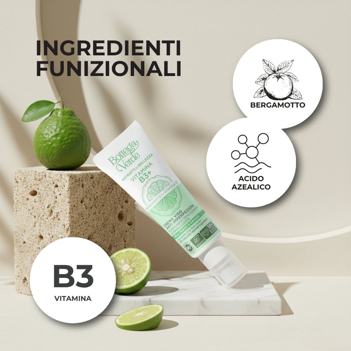 Estratti di bellezza - Vitamina B3+ - Crema viso anti imperfezioni - Bergamotto Vitamina B3 - purificante, opacizzante, normalizzante - pelli miste o grasse