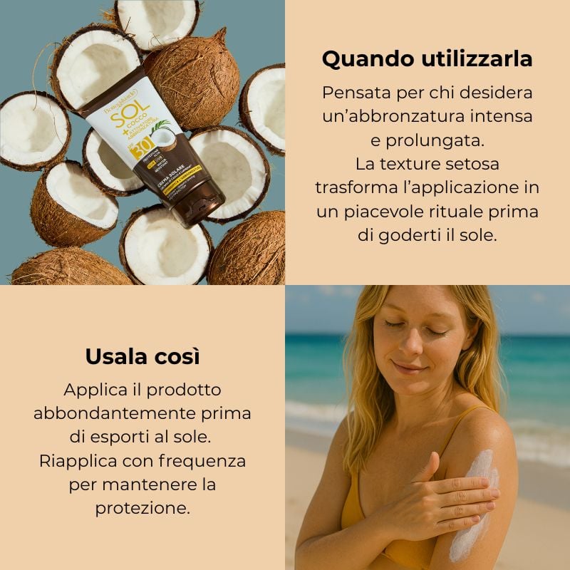 SOL Cocco + Attivatore di abbronzatura - Crema solare- intensifica l'abbronzatura - con latte di Cocco e Lumipod<TM/>(150 ml) - water resistant - protezione alta SPF30