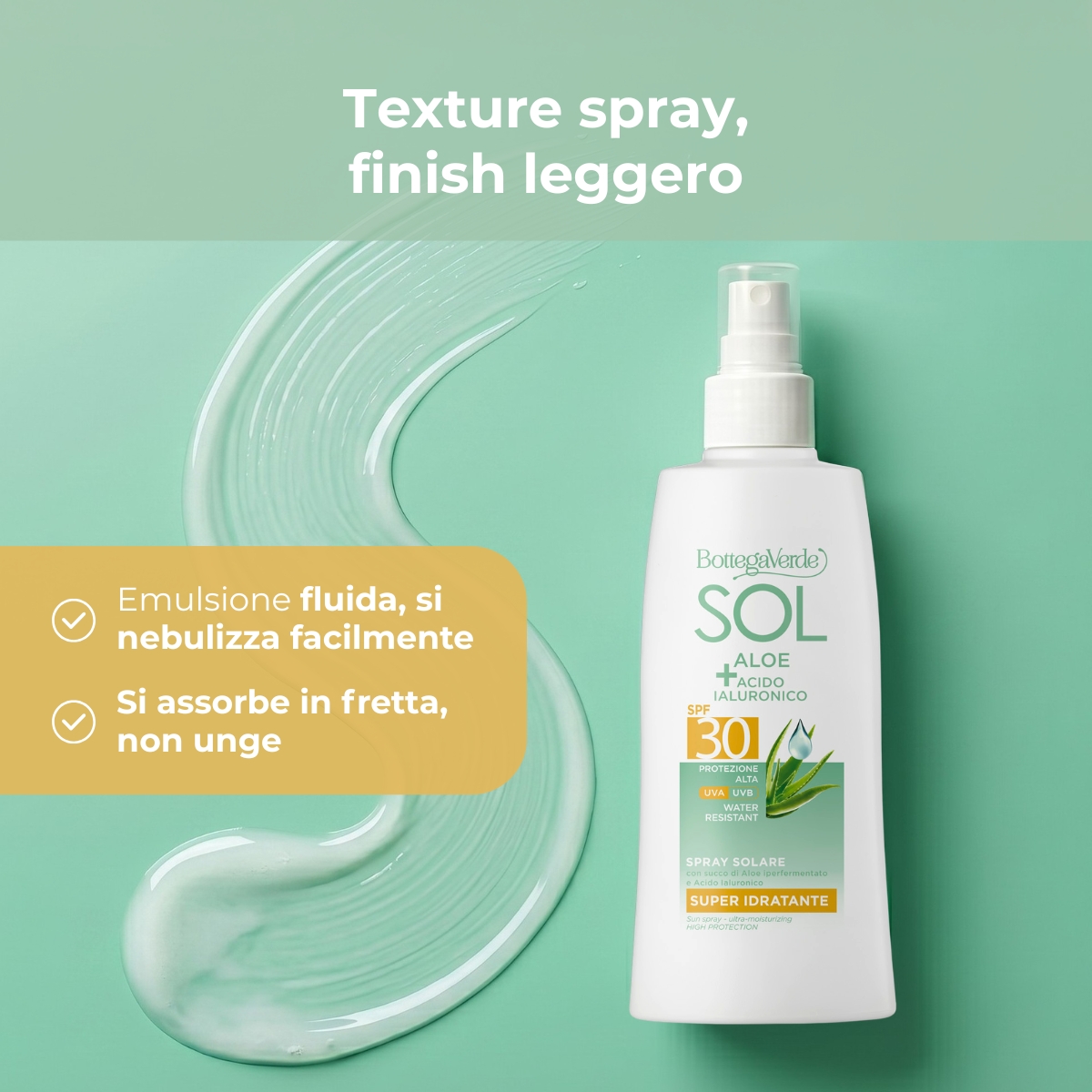 SOL Aloe Acido Ialuronico - Spray solare - super idratante - con succo di Aloe iperfermentato e Acido Ialuronico - protezione alta SPF30  - water resistant