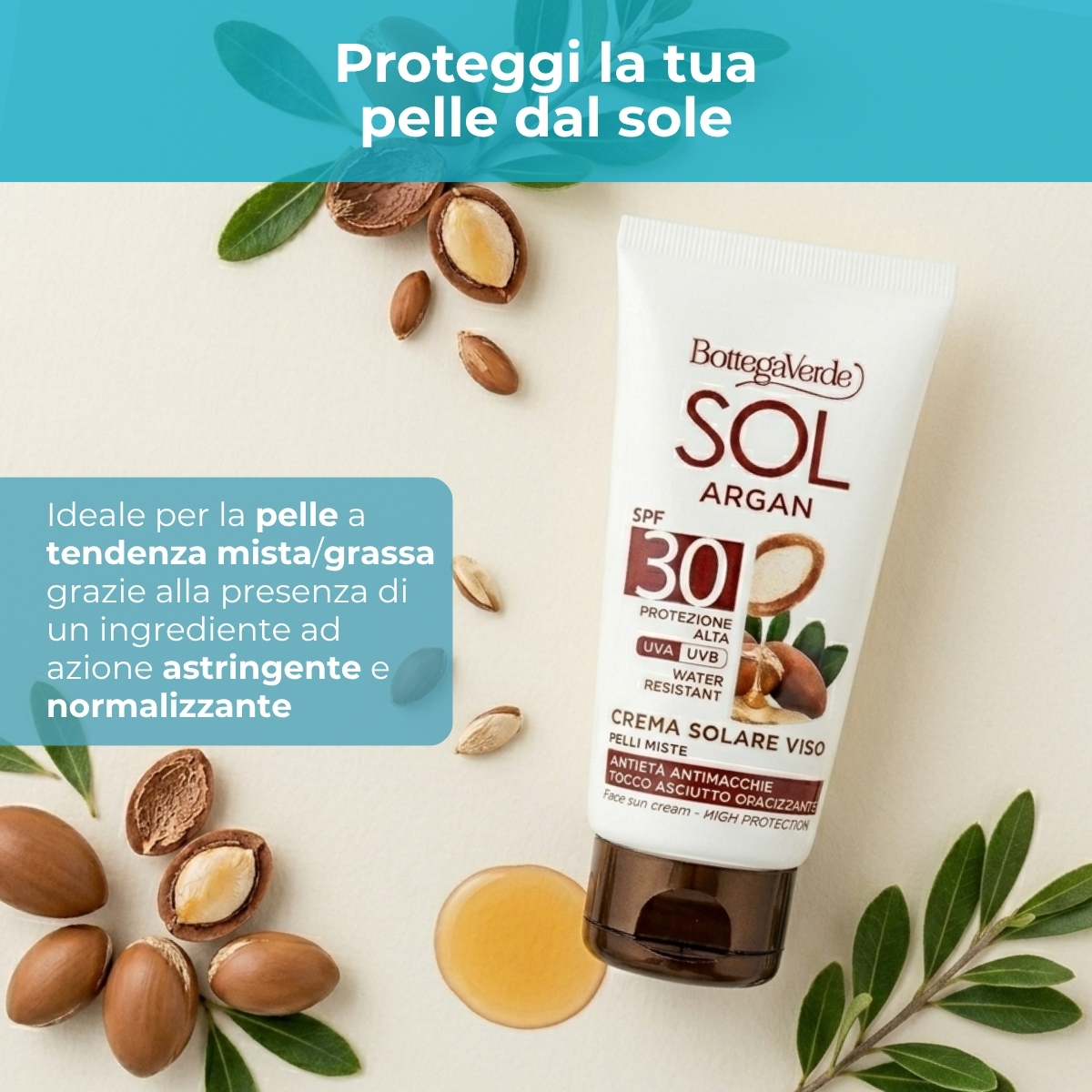 SOL Argan - Crema solare viso - antiet&agrave; antimacchie '' tocco asciutto opacizzante - con olio di Argan e Vitamina E - SPF30 protezione alta - water resistant - pelli miste