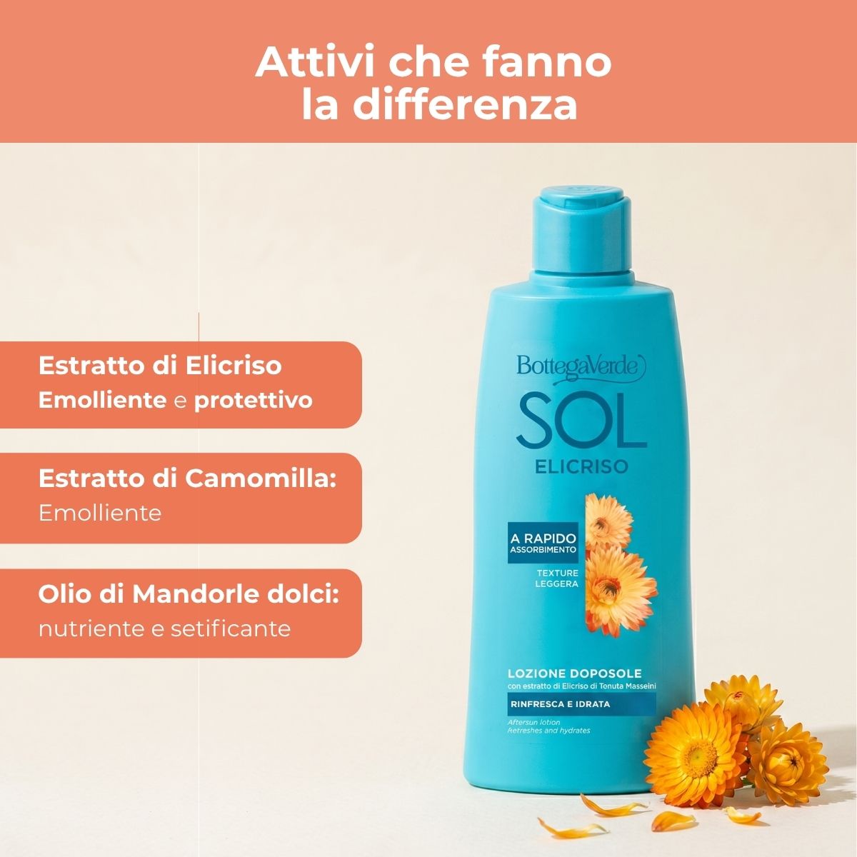 SOL Elicriso - Lozione doposole - rinfresca e idrata - con estratto di Elicriso di Tenuta Massaini - texture leggera - a rapido assorbimento - rinfresca e idrata