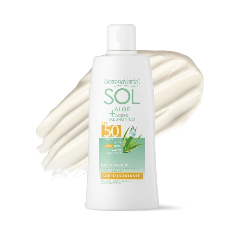 SOL Aloe Acido Ialuronico - Latte solare - super idratante - con succo di Aloe iperfermentato e Acido Ialuronico - protezione alta SPF50 - water resistant