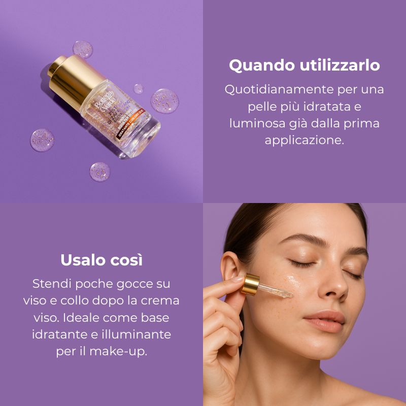 Pistilli di Zafferano - Gocce d'Oro - Siero viso booster di luce - idratante con oro 23 KT - con estratto iperfermentato di Zafferano e Hyaluron complex