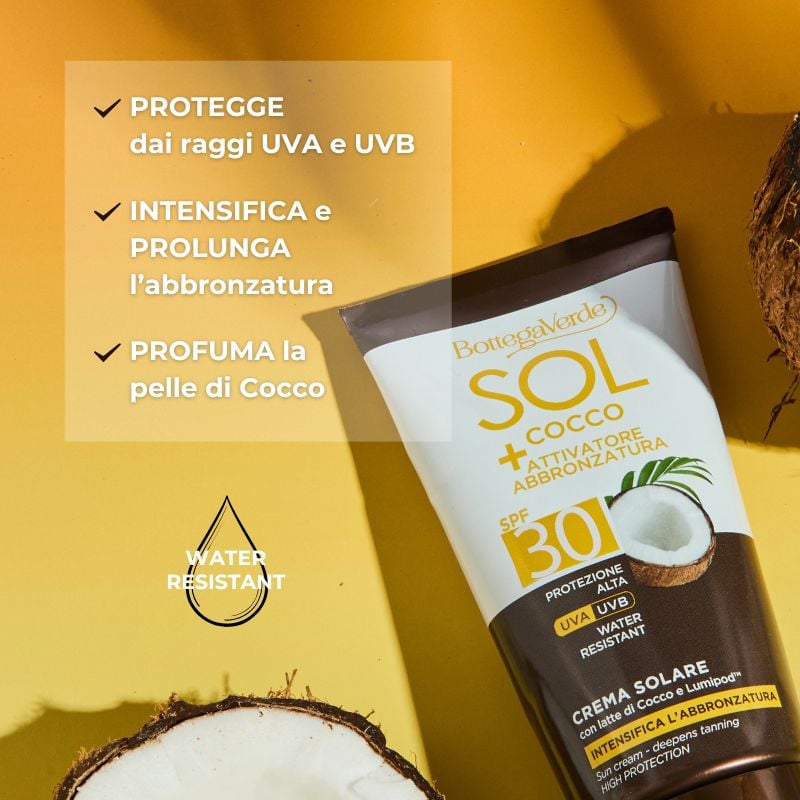 SOL Cocco + Attivatore di abbronzatura - Crema solare- intensifica l'abbronzatura - con latte di Cocco e Lumipod<TM/>(150 ml) - water resistant - protezione alta SPF30