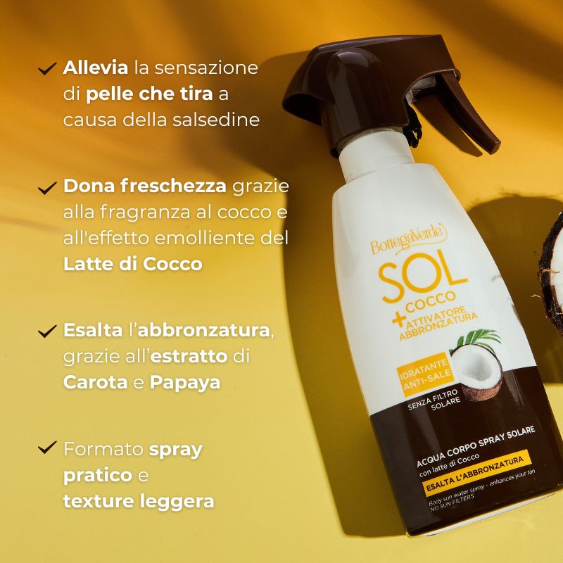 SOL Cocco + Attivatore di abbronzatura - Acqua corpo spray solare - esalta l'abbronzatura - idratante anti-sale - con Latte di Cocco - senza filtro solare