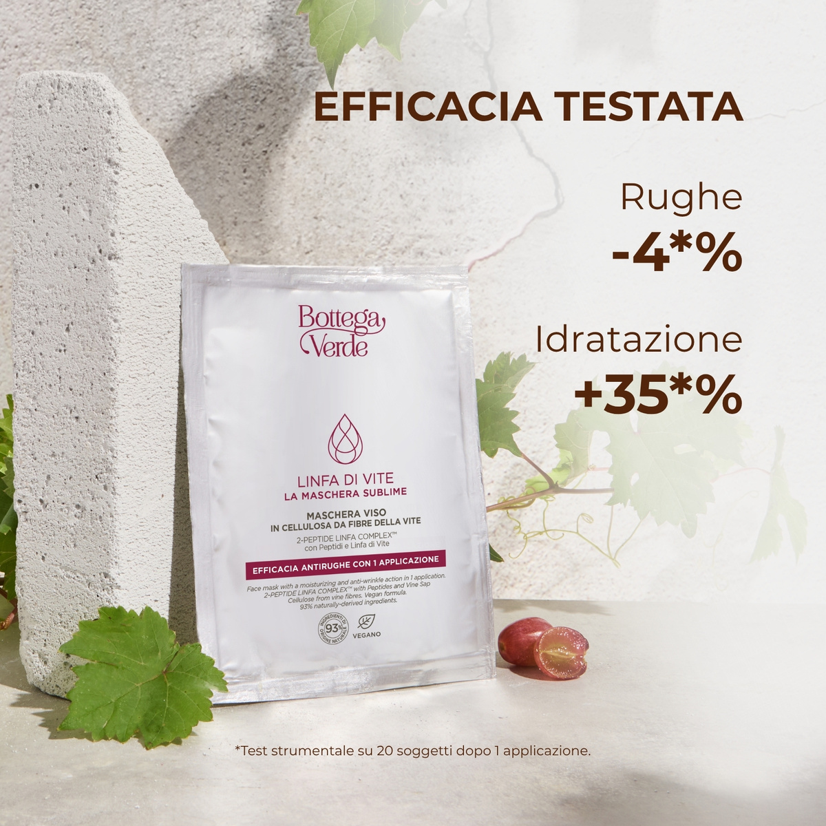 Linfa di Vite - La maschera sublime - Maschera viso in cellulosa da fibre della vite - azione efficacia antirughe con 1 applicazione - 2-PEPTIDE LINFA COMPLEX <TM/> con Peptidi e Linfa di Vite  - tutti i tipi di pelle