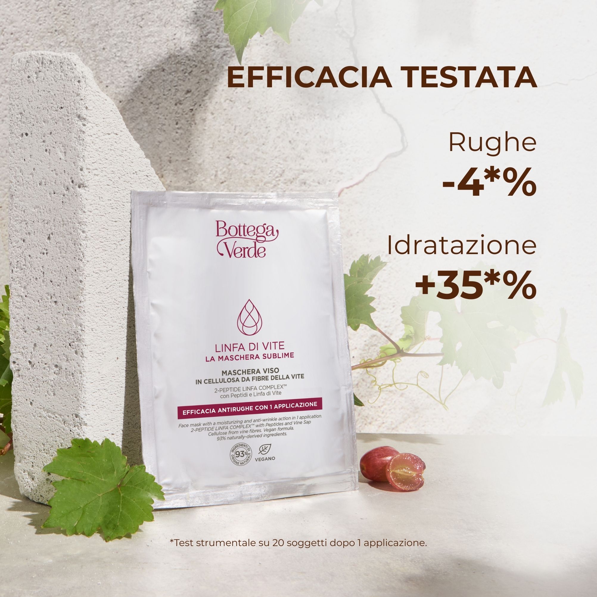 Linfa di Vite - La maschera sublime - Maschera viso in cellulosa da fibre della vite - azione efficacia antirughe con 1 applicazione - 2-PEPTIDE LINFA COMPLEX <TM/> con Peptidi e Linfa di Vite  - tutti i tipi di pelle