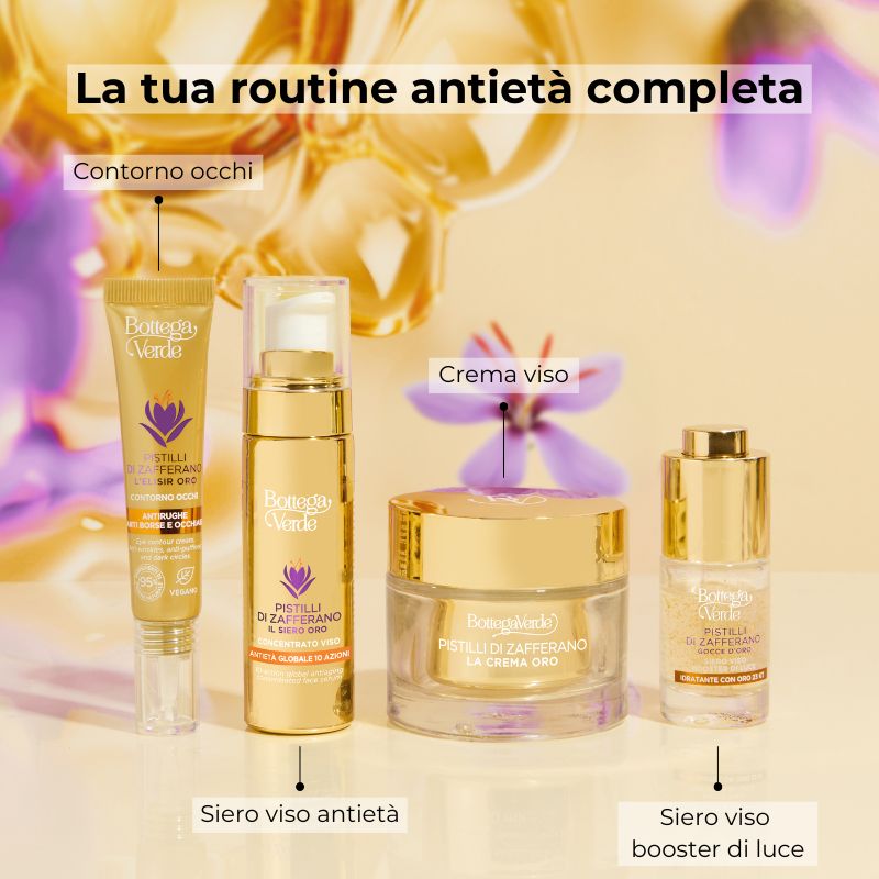 Pistilli di Zafferano - Gocce d'Oro - Siero viso booster di luce - idratante con oro 23 KT - con estratto iperfermentato di Zafferano e Hyaluron complex