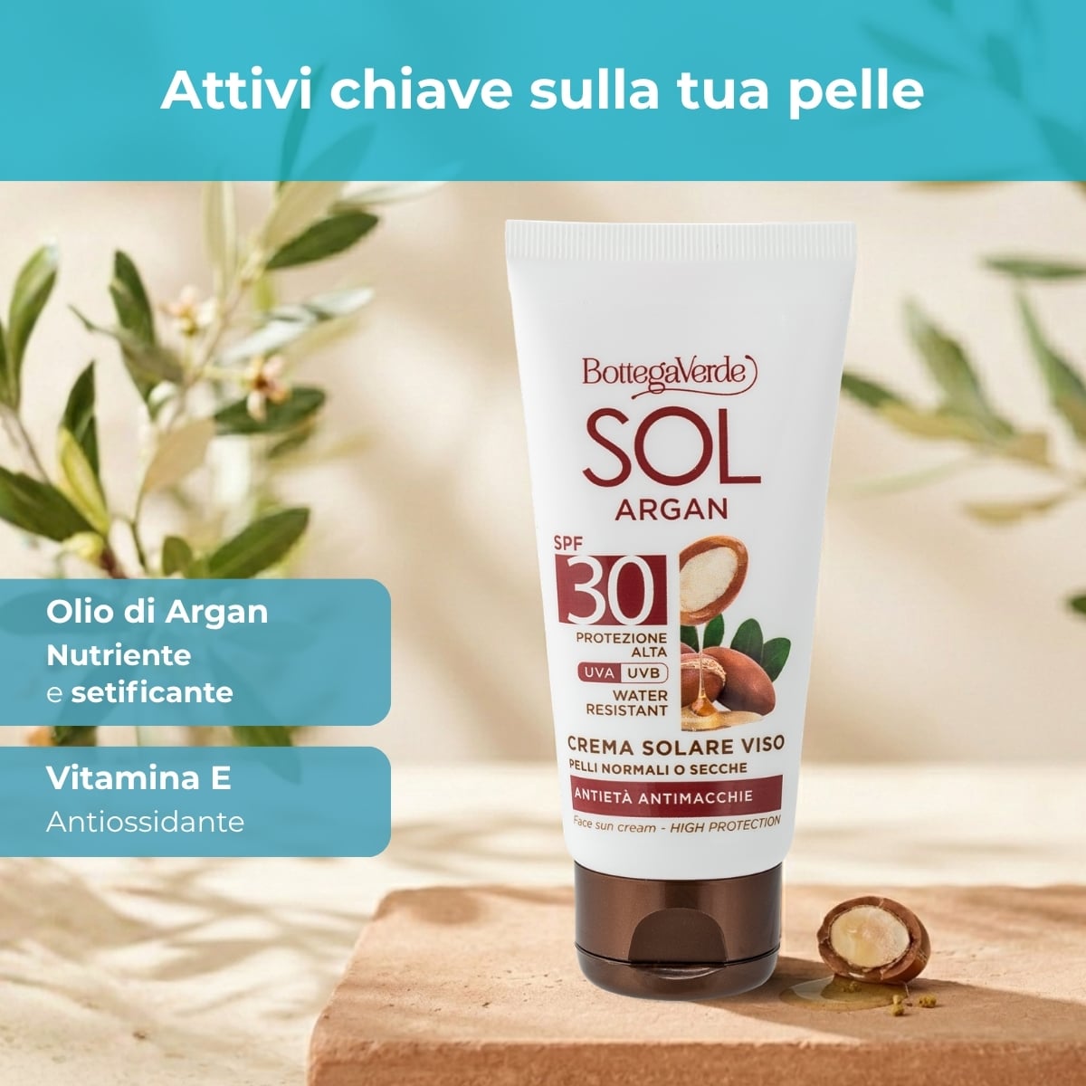 SOL Argan - Crema solare viso - antiet&agrave; antimacchie - con olio di Argan e Vitamina E - SPF30 protezione alta - water resistant - pelli normali o secche