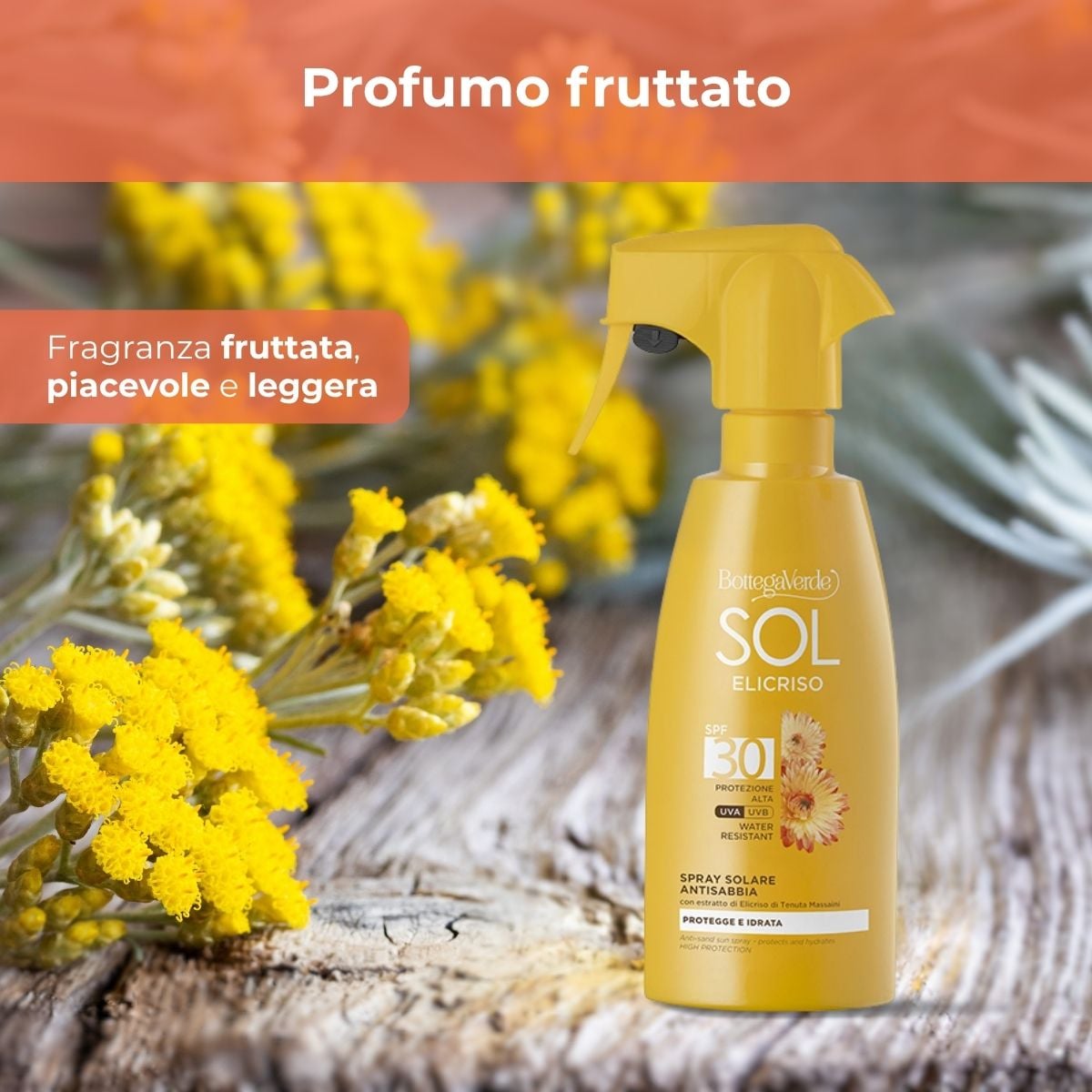 SOL Elicriso - Spray solare antisabbia - protegge e idrata - con estratto di Elicriso di Tenuta Massaini - SPF30 protezione alta - water resistant