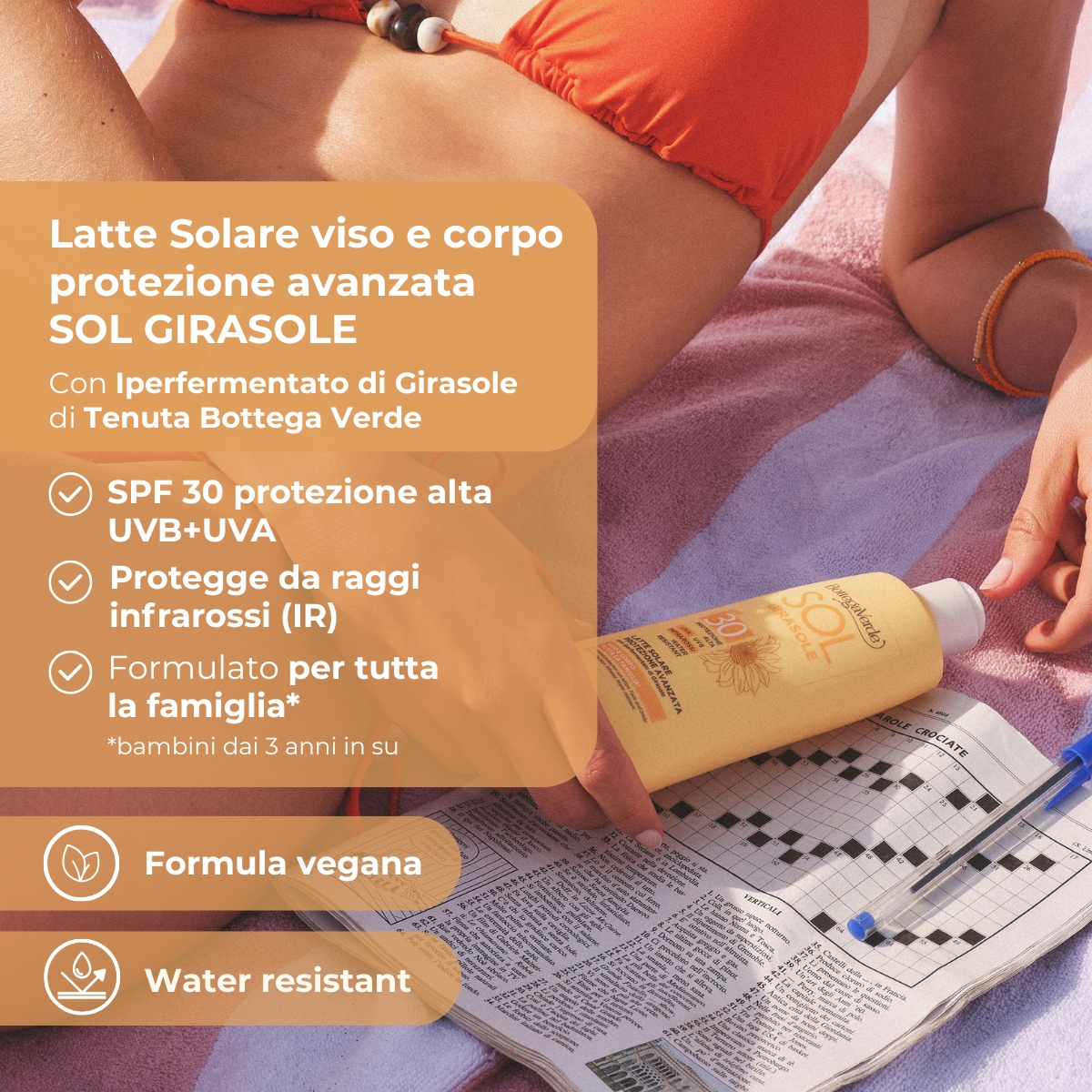 SOL Girasole - Latte solare protezione avanzata - viso e corpo - con iperfermentato di Girasole di Tenuta Bottega Verde(200 ml) - PROTEZIONE ALTA SPF30 - INFRAROSSI - WATER RESISTANT