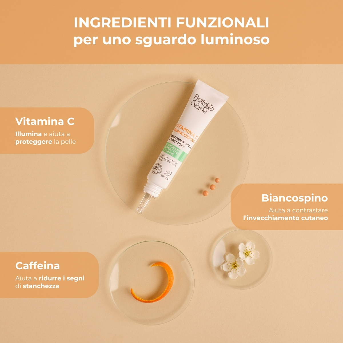 Vitamina C + Biancospino - Contorno occhi correttore - con Vitamina C, Biancospino e Caffeina - illuminante correttivo occhiaie