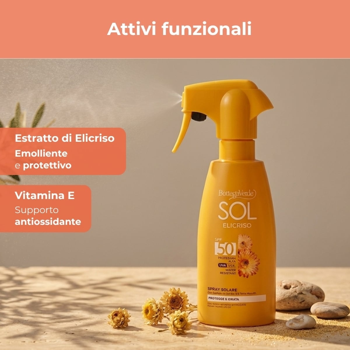 SOL Elicriso - Spray solare - protegge e idrata - con estratto di Elicriso Tenutra Massaini - protezione alta SPF50 - water resistant